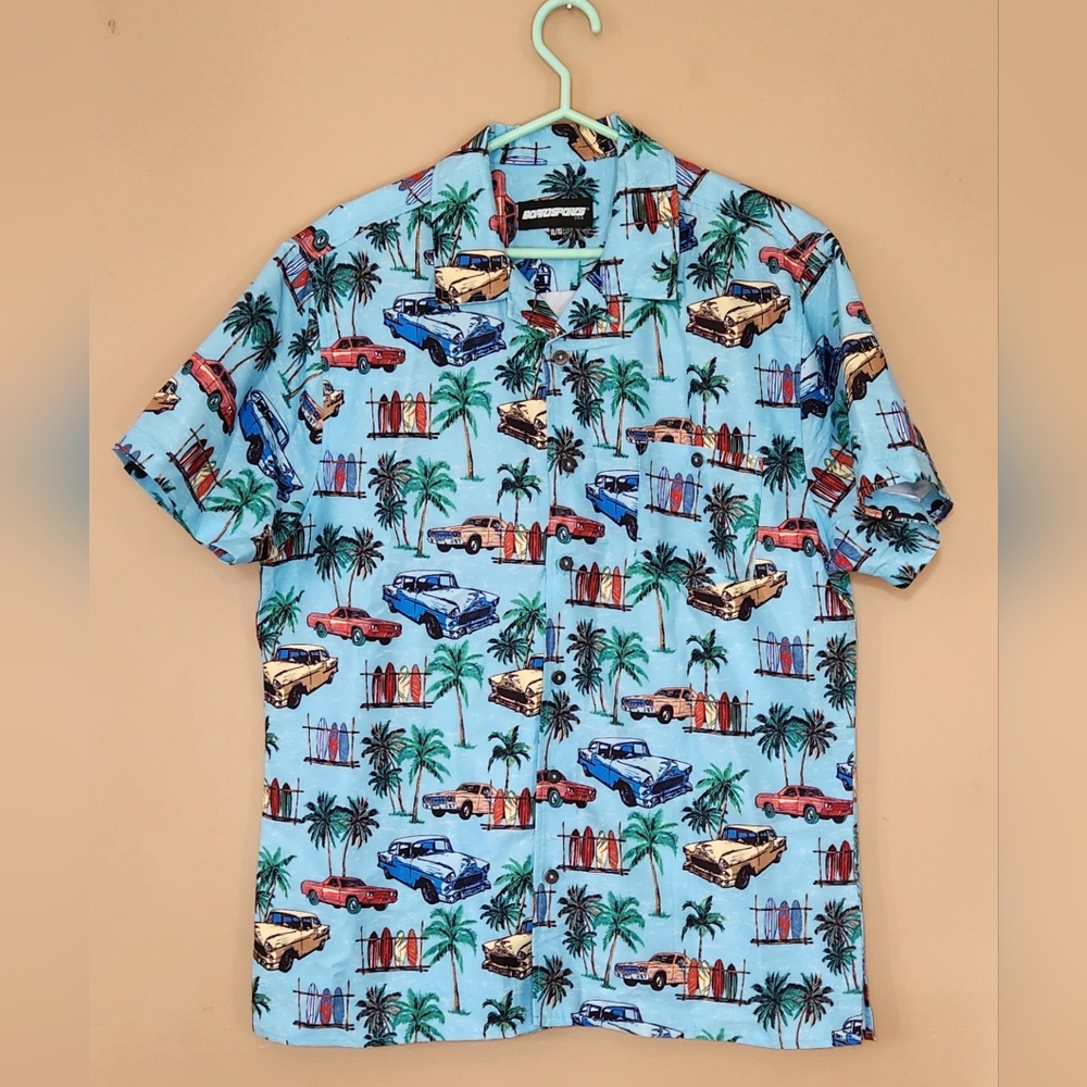 Boardsports Men’s XL Button-Up Shirt Surfboards Palms Vintage Cars Graphic Print